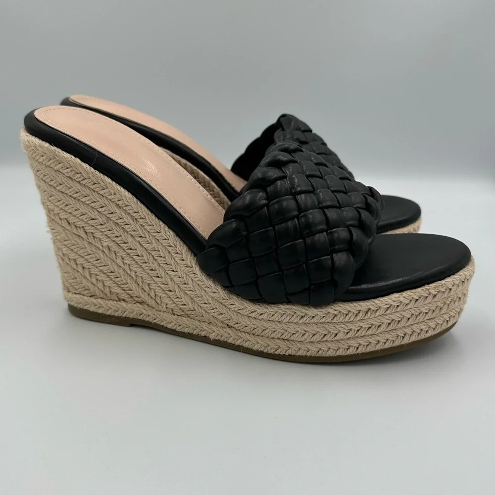 Black & Cream Braided Wedge Espadrille Platform Slides | Size 8 Summer Shoes